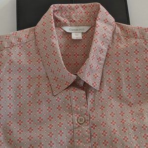 Garnet Hill EUC Button Down Shirt Size 00/0 Tan, Orange and Cream Print